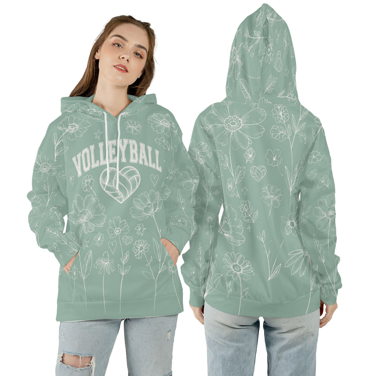 Volleyball Hoodie – Sage Green Floral Art Print | S–5XL