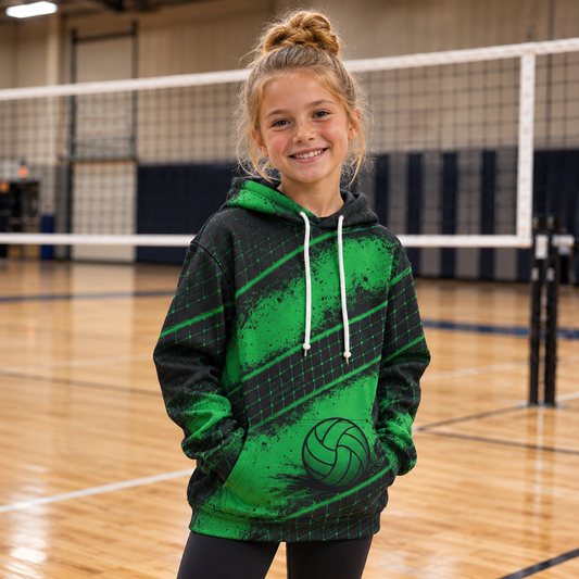 Youth Volleyball Hoodie – Net Splash Graphic, Black & Green