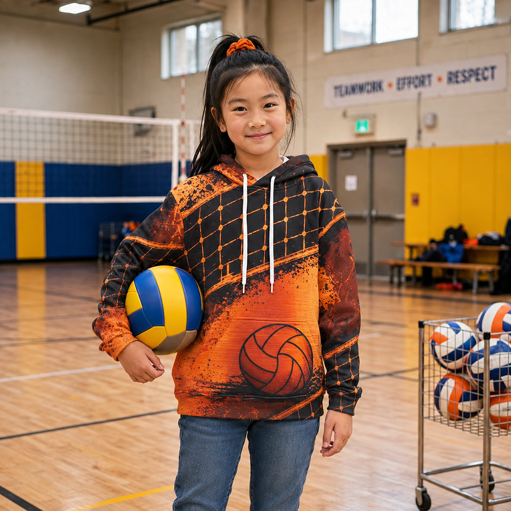 Youth Volleyball Hoodie – Net Splash Graphic, Black & Orange
