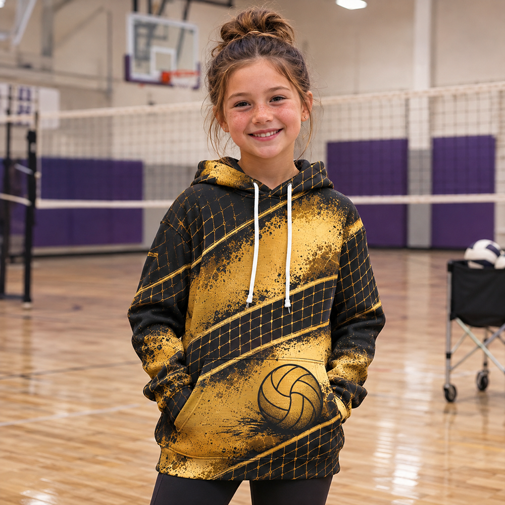 Youth Volleyball Hoodie – Net Splash Graphic, Black & Gold
