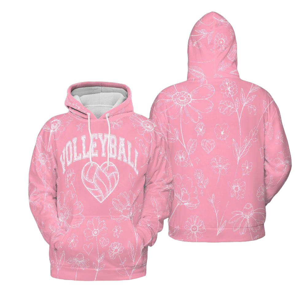 Volleyball Hoodie – Pink Floral Art Print | S–5XL
