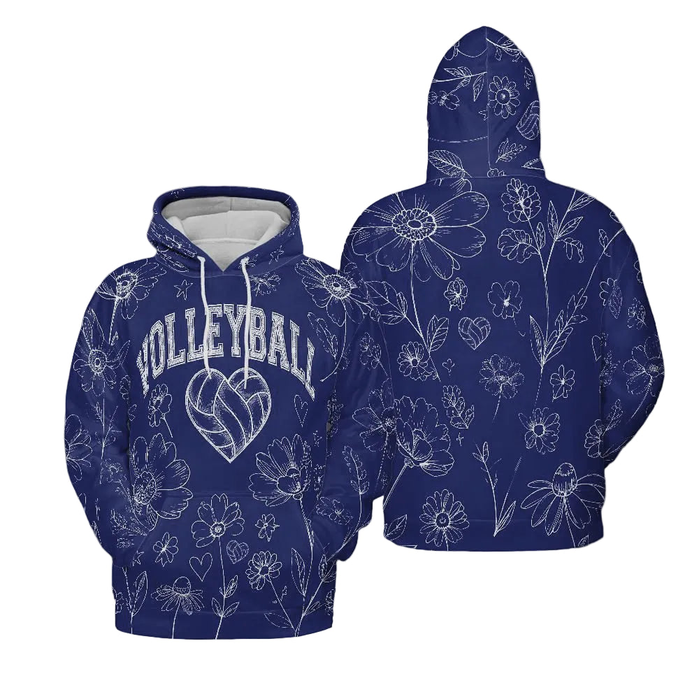 Volleyball Hoodie – Royal Blue Floral Art Print | S–5XL