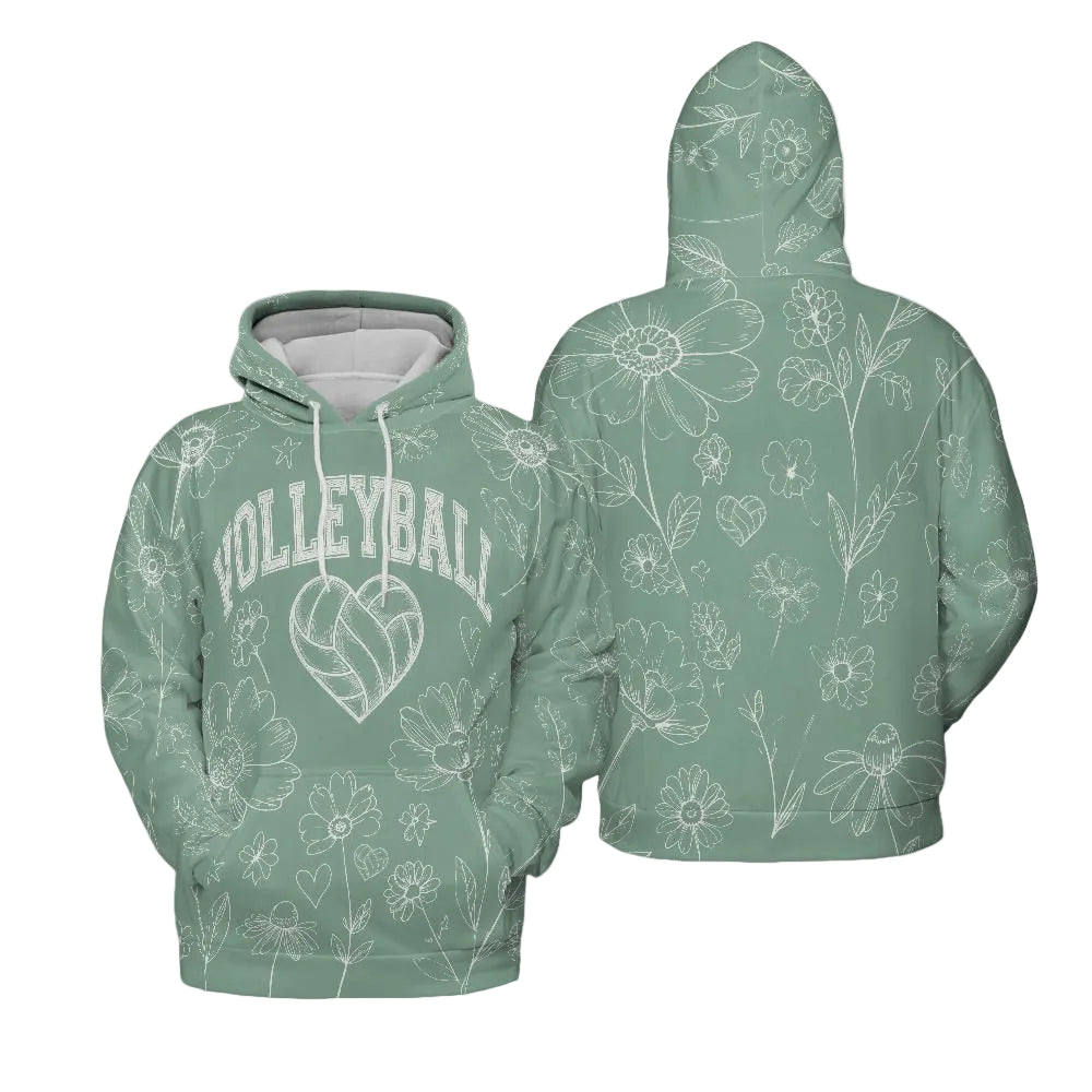 Volleyball Hoodie – Sage Green Floral Art Print | S–5XL