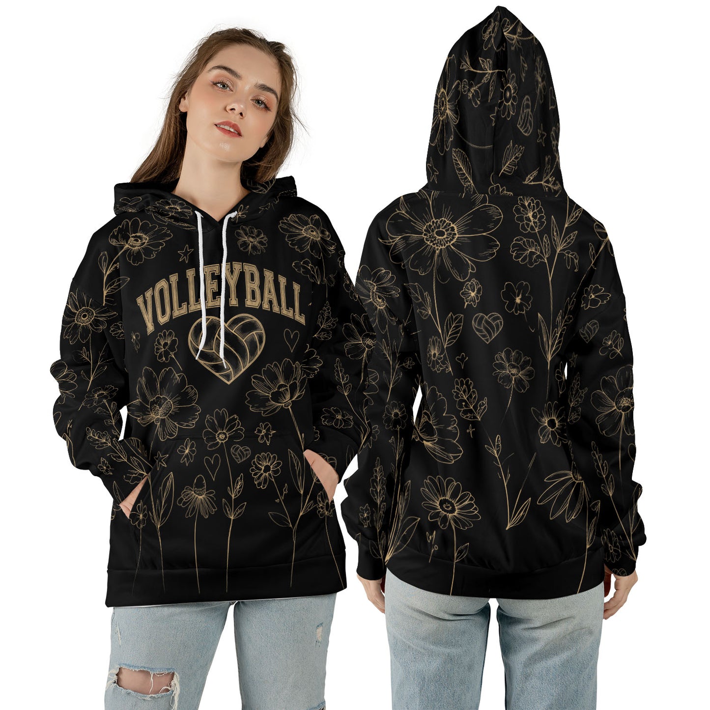 Volleyball Hoodie – Floral Art Print, Black & Gold | S–5XL