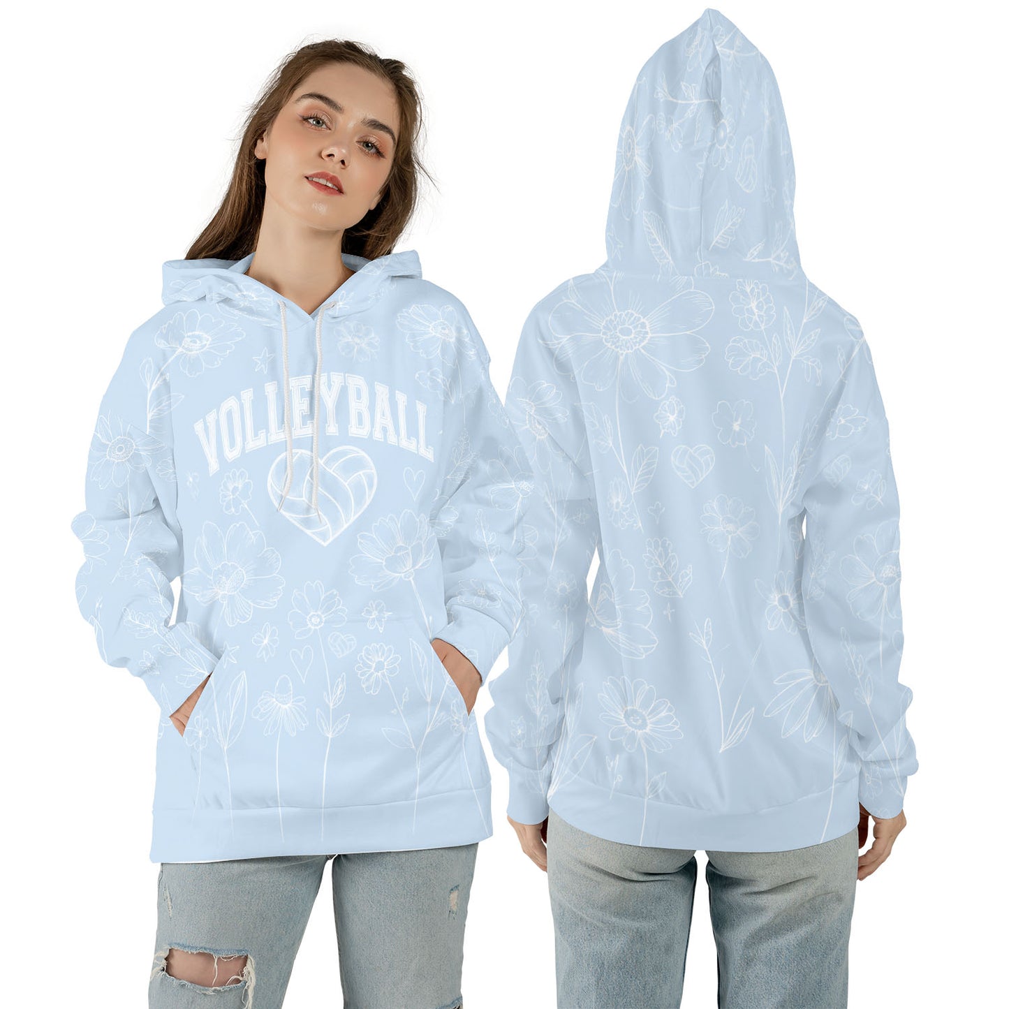 Volleyball Hoodie – Ice Blue Floral Art Print | S–5XL