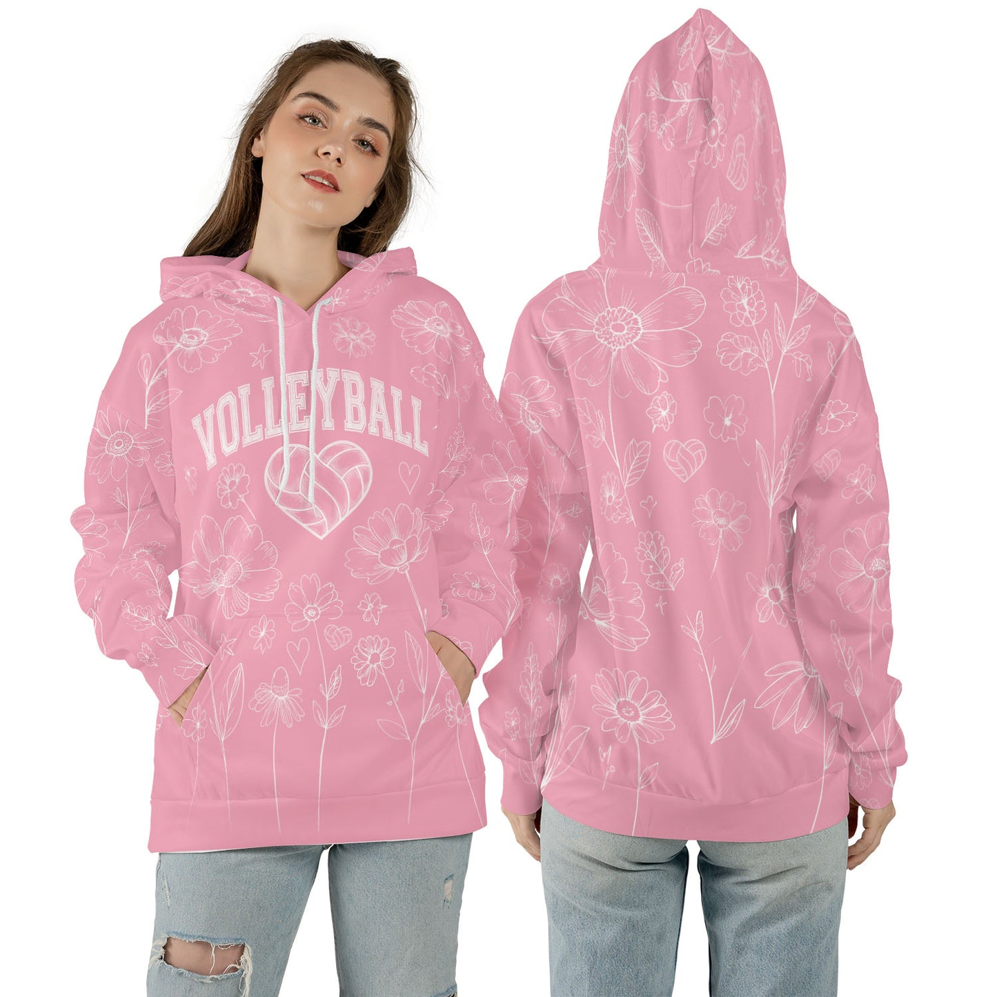 Volleyball Hoodie – Pink Floral Art Print | S–5XL
