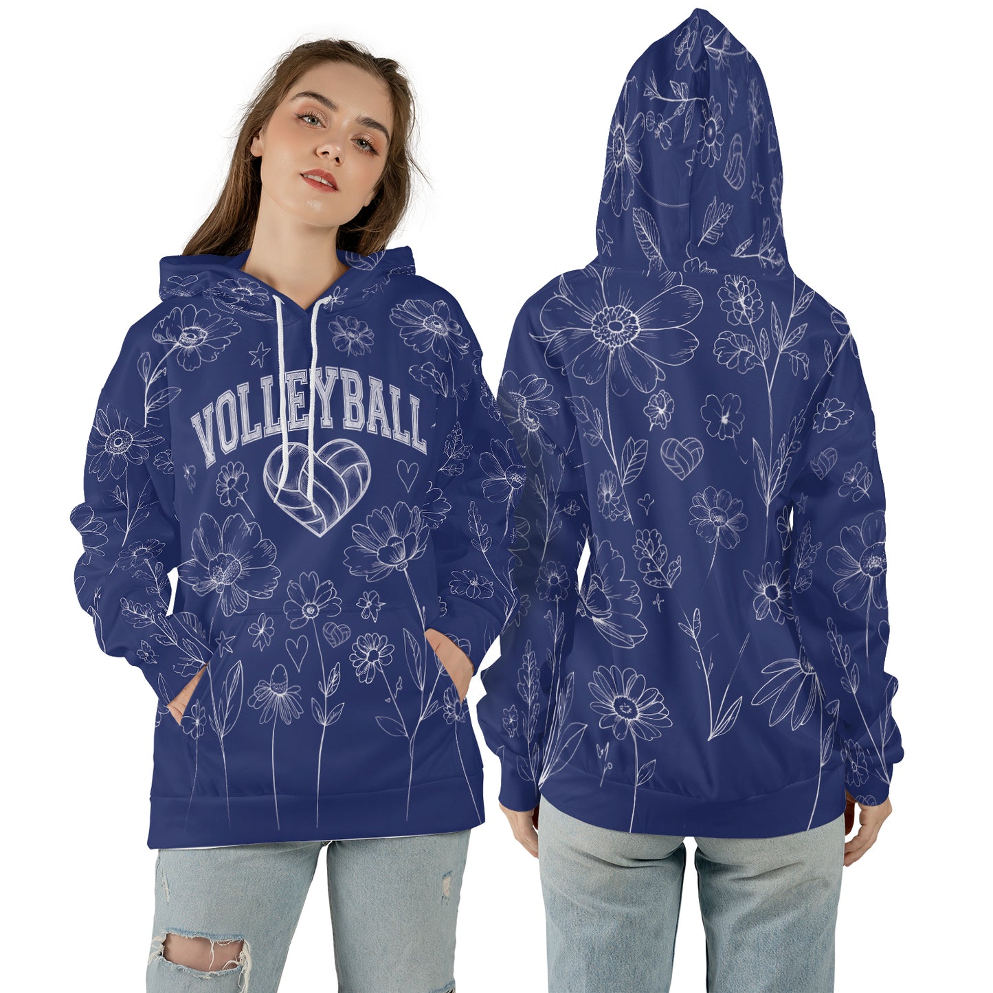 Volleyball Hoodie – Royal Blue Floral Art Print | S–5XL