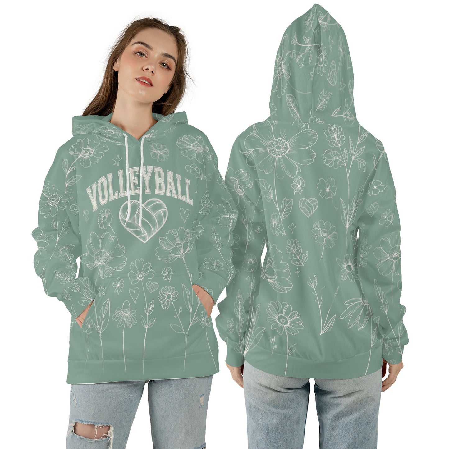 Volleyball Hoodie – Sage Green Floral Art Print | S–5XL
