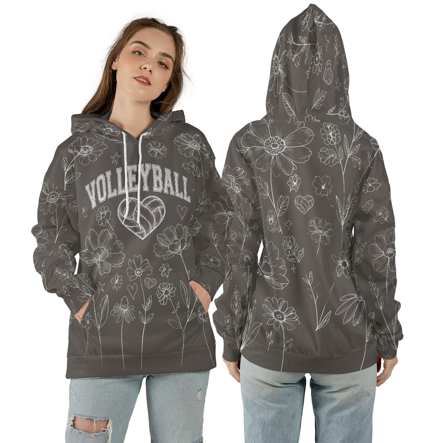 Volleyball Hoodie – Floral Art Print, Grey | S–5XL