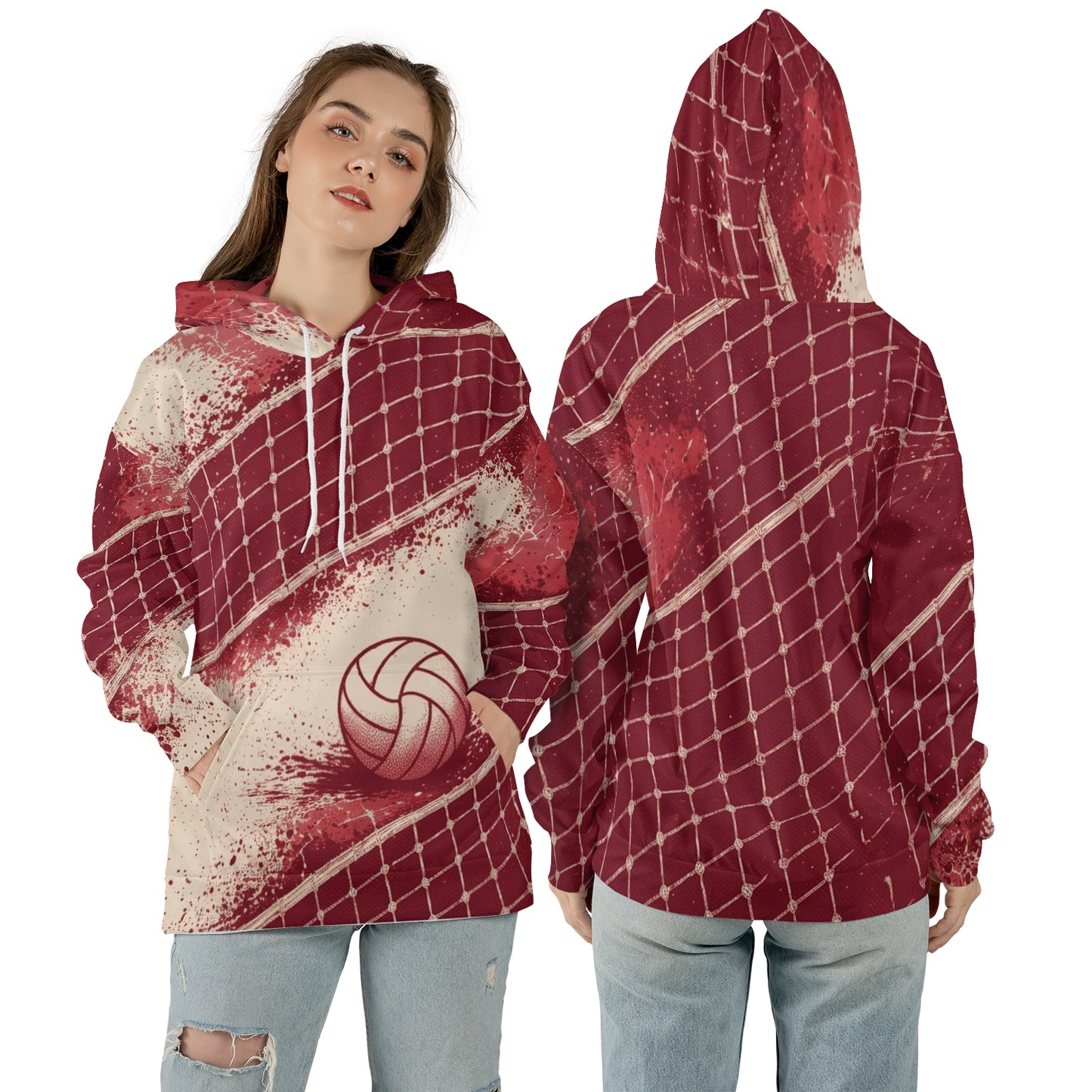 Volleyball Hoodie – Net Splash Graphic, Red & Cream | S–5XL