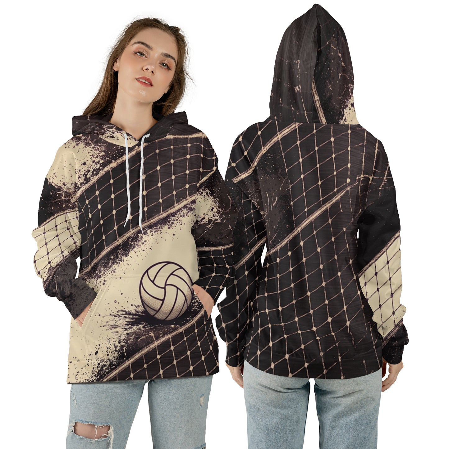 Volleyball Hoodie – Net Splash Graphic, Black & Cream | S–5XL