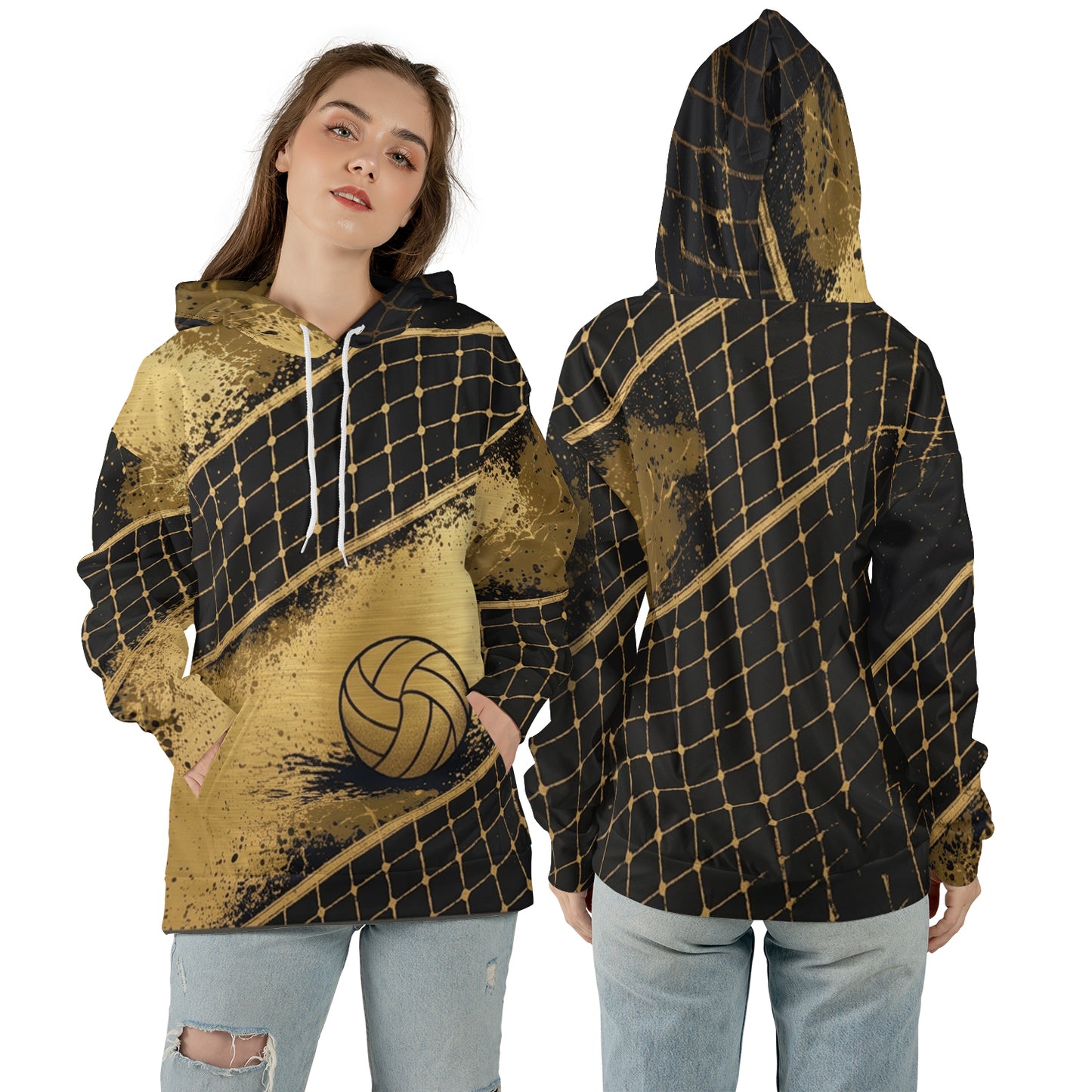 Volleyball Hoodie – Net Splash Graphic, Black & Gold | S–5XL