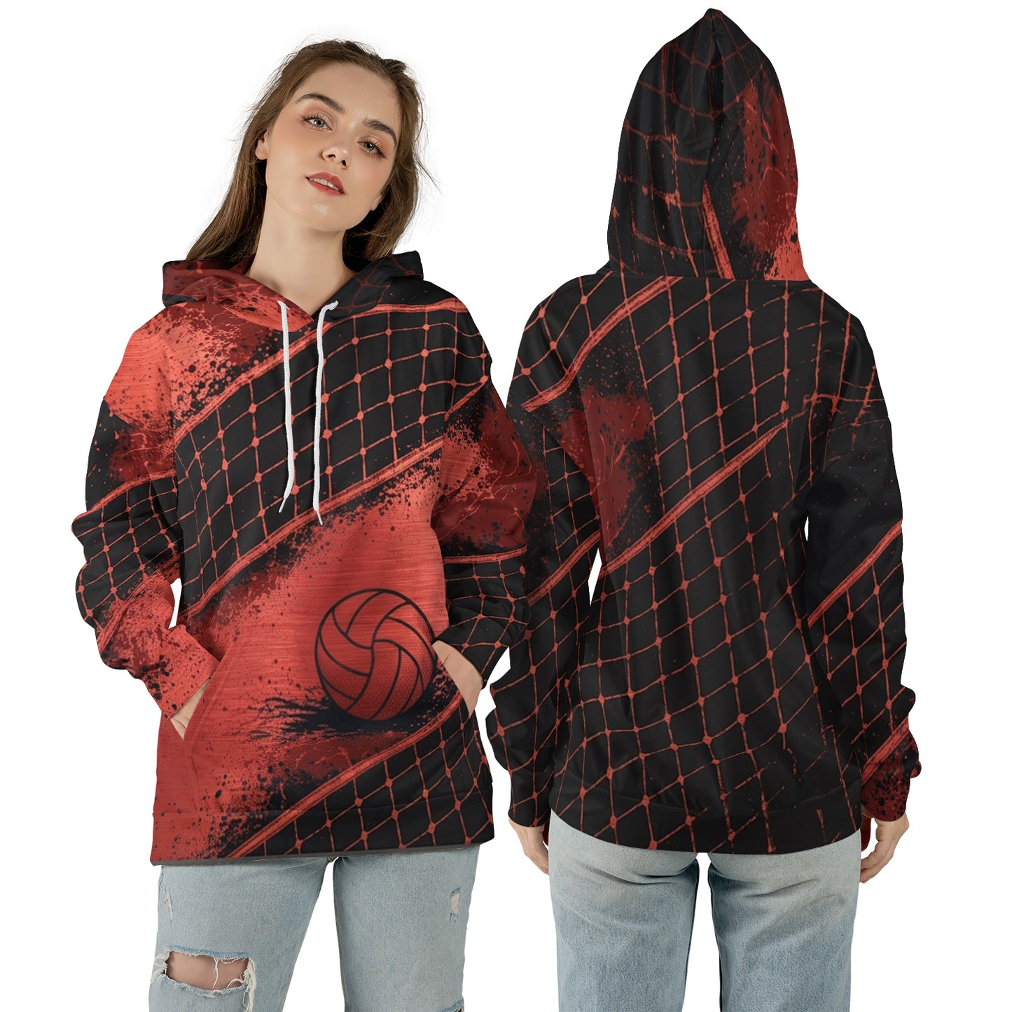 Volleyball Hoodie – Net Splash Graphic, Black & Red | S–5XL