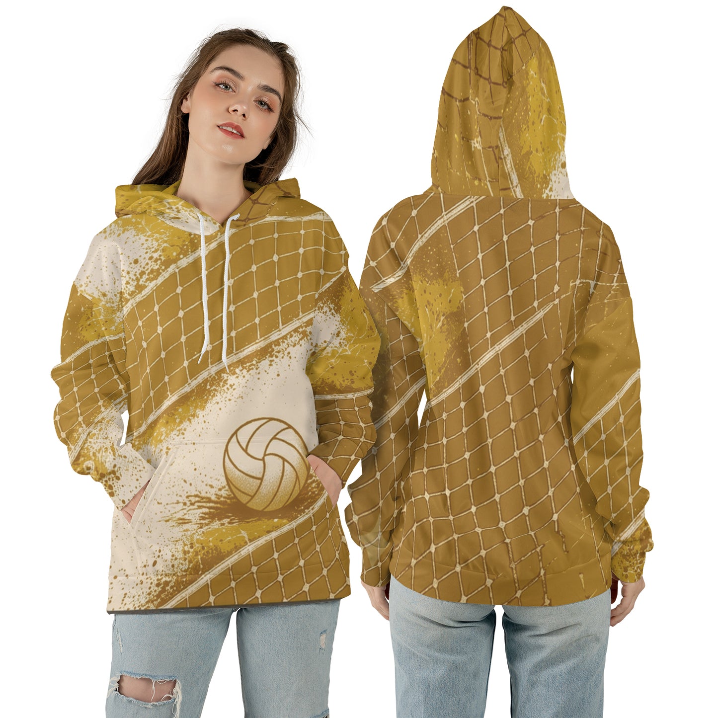 Volleyball Hoodie – Net Splash Graphic, Gold & Cream | S–5XL
