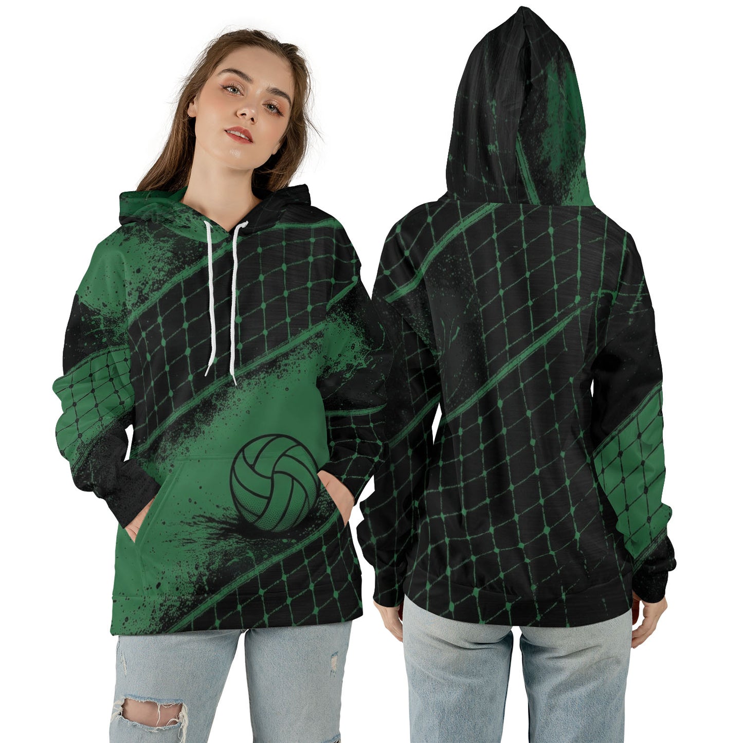 Volleyball Hoodie – Net Splash Graphic, Black & Green | S–5XL