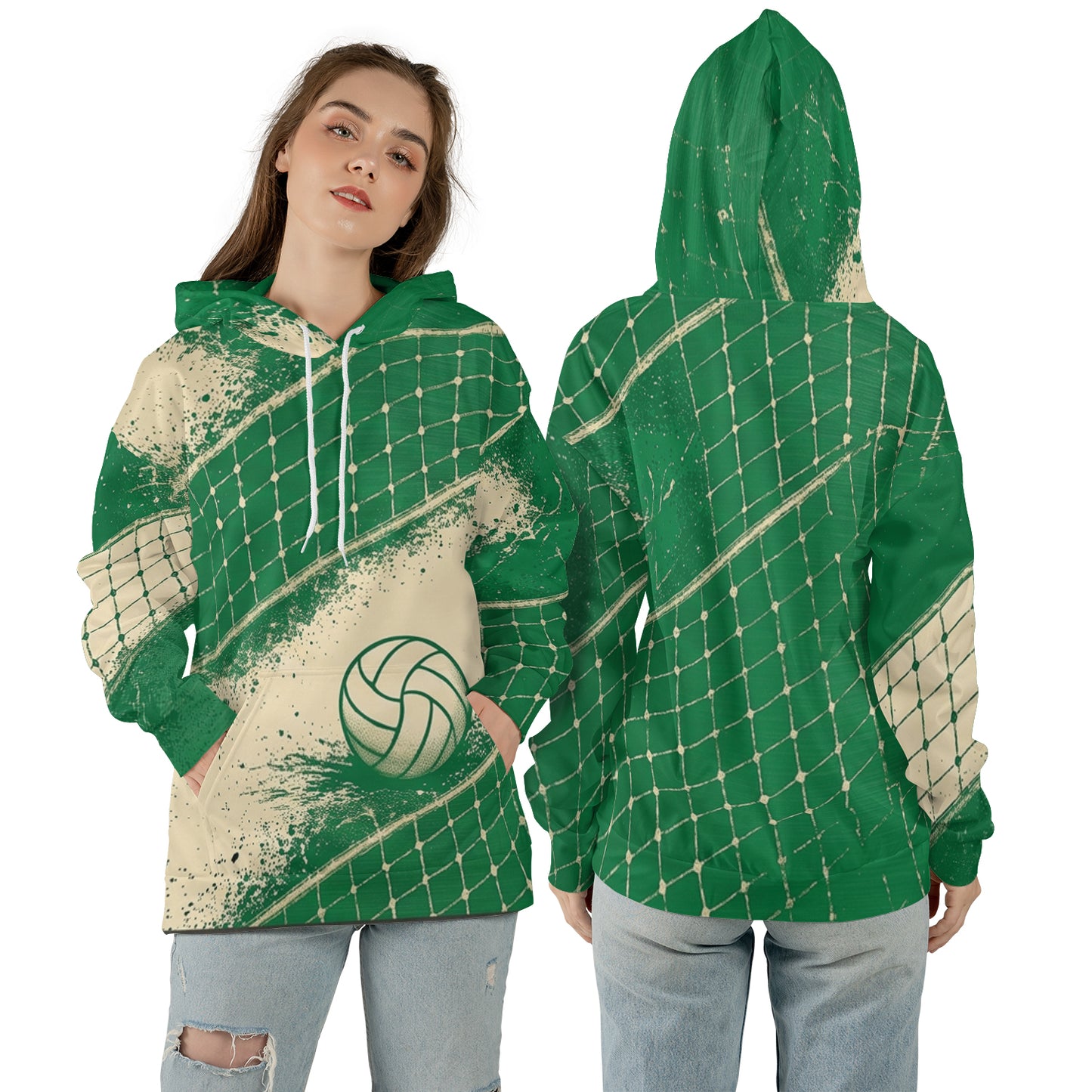 Volleyball Hoodie – Net Splash Graphic, Green & Cream | S–5XL