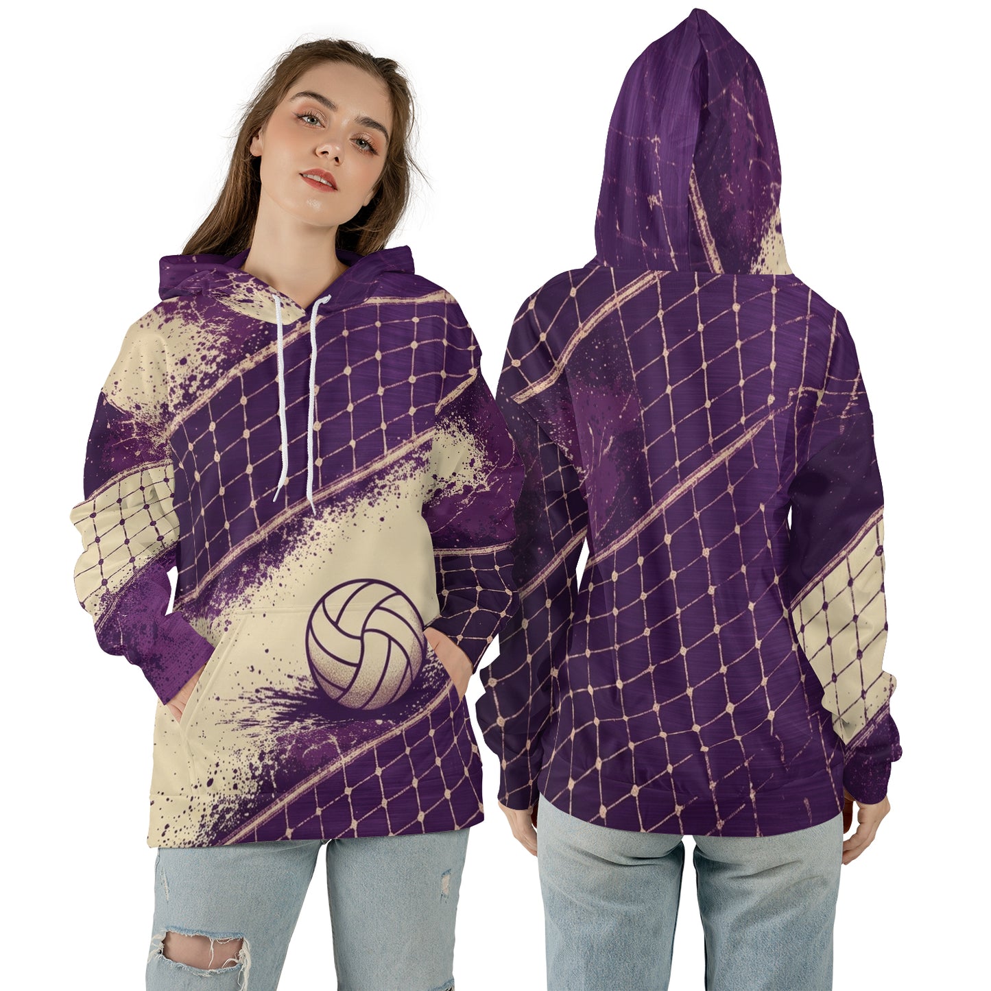 Volleyball Hoodie – Net Splash Graphic, Purple & Cream | S–5XL