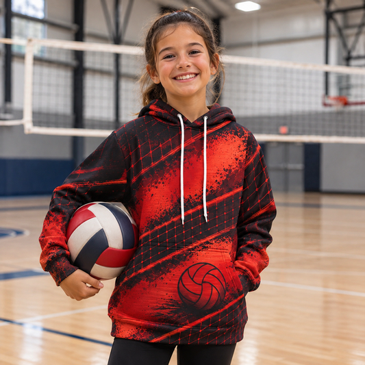 Youth Volleyball Hoodie – Net Splash Graphic, Black & Red