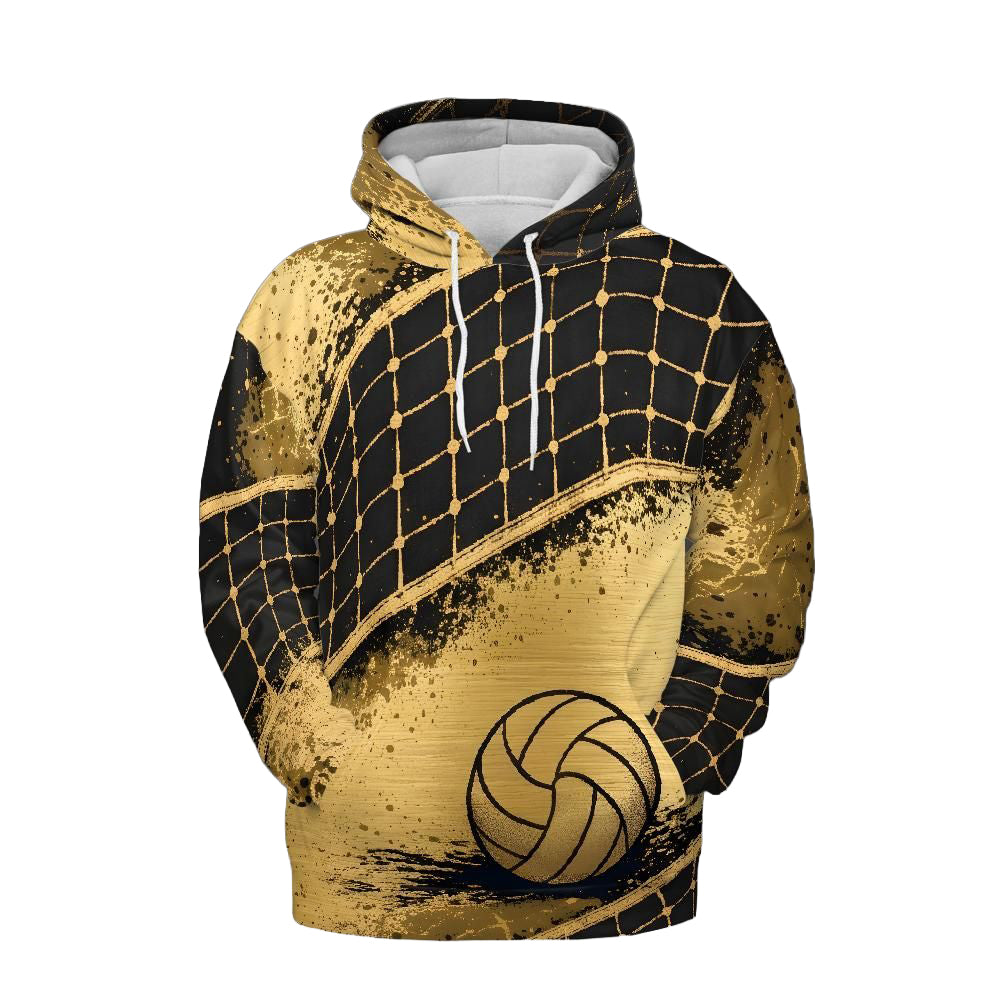 Volleyball Hoodie – Net Splash Graphic, Black & Gold | S–5XL