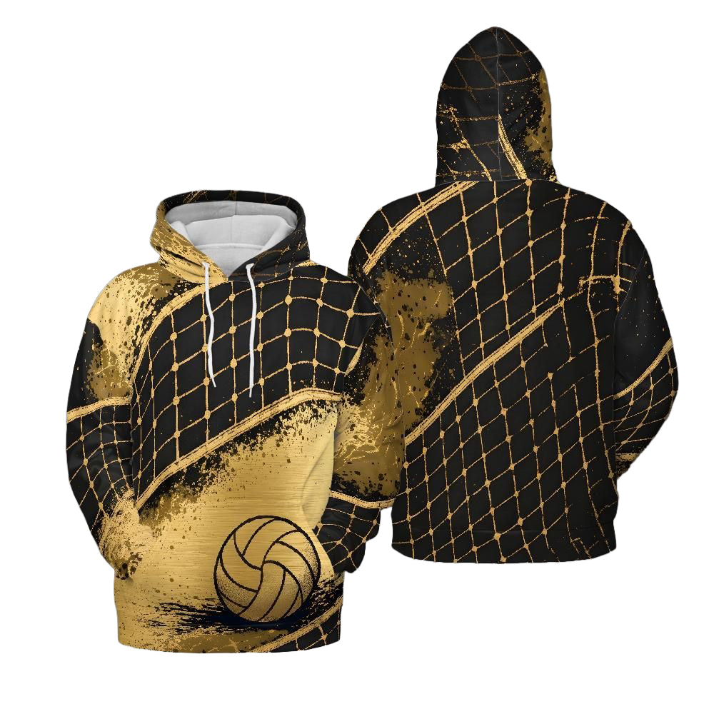 Volleyball Hoodie – Net Splash Graphic, Black & Gold | S–5XL