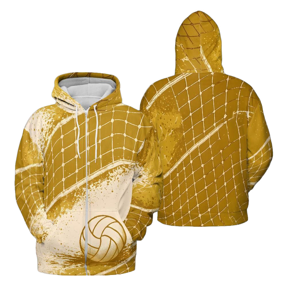 Volleyball Hoodie – Net Splash Graphic, Gold & Cream | S–5XL