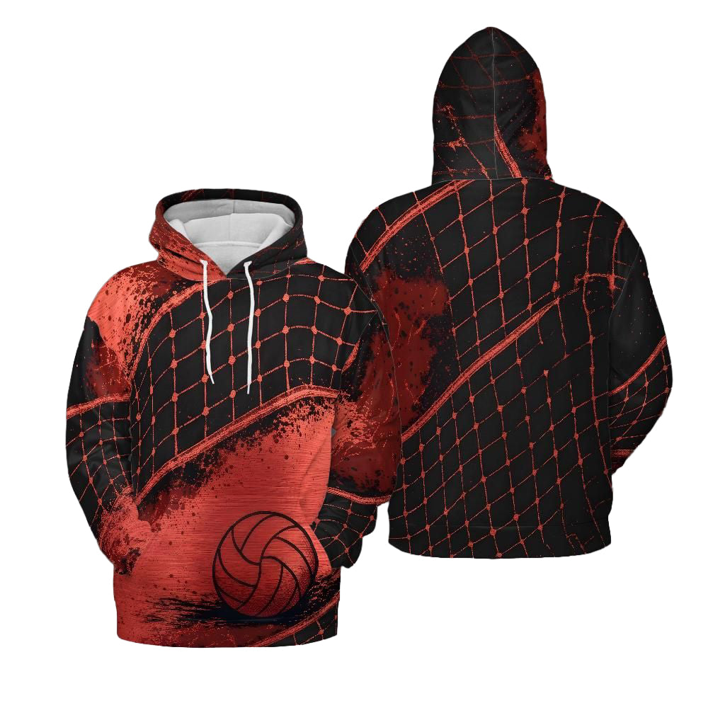 Volleyball Hoodie – Net Splash Graphic, Black & Red | S–5XL