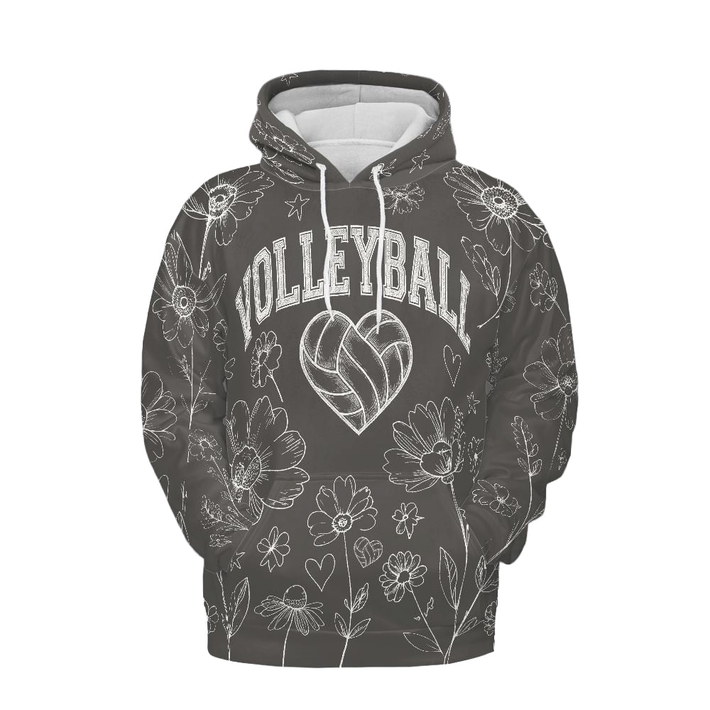 Volleyball Hoodie – Floral Art Print, Grey | S–5XL