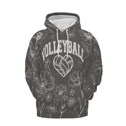 Volleyball Hoodie – Floral Art Print, Grey | S–5XL