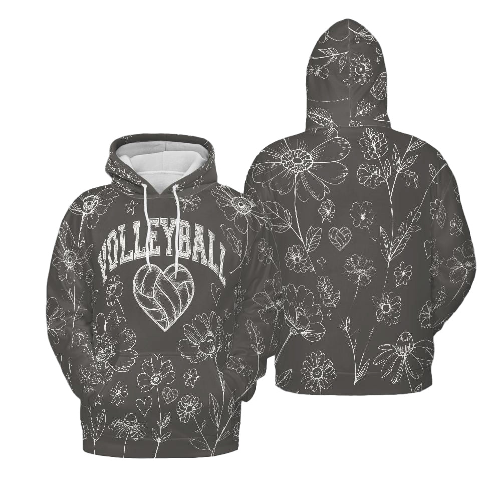 Volleyball Hoodie – Floral Art Print, Grey | S–5XL