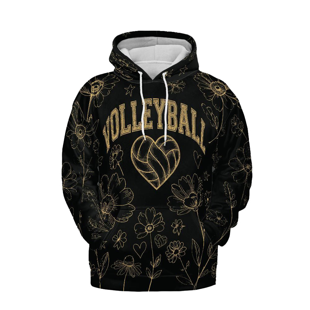 Volleyball Hoodie – Floral Art Print, Black & Gold | S–5XL