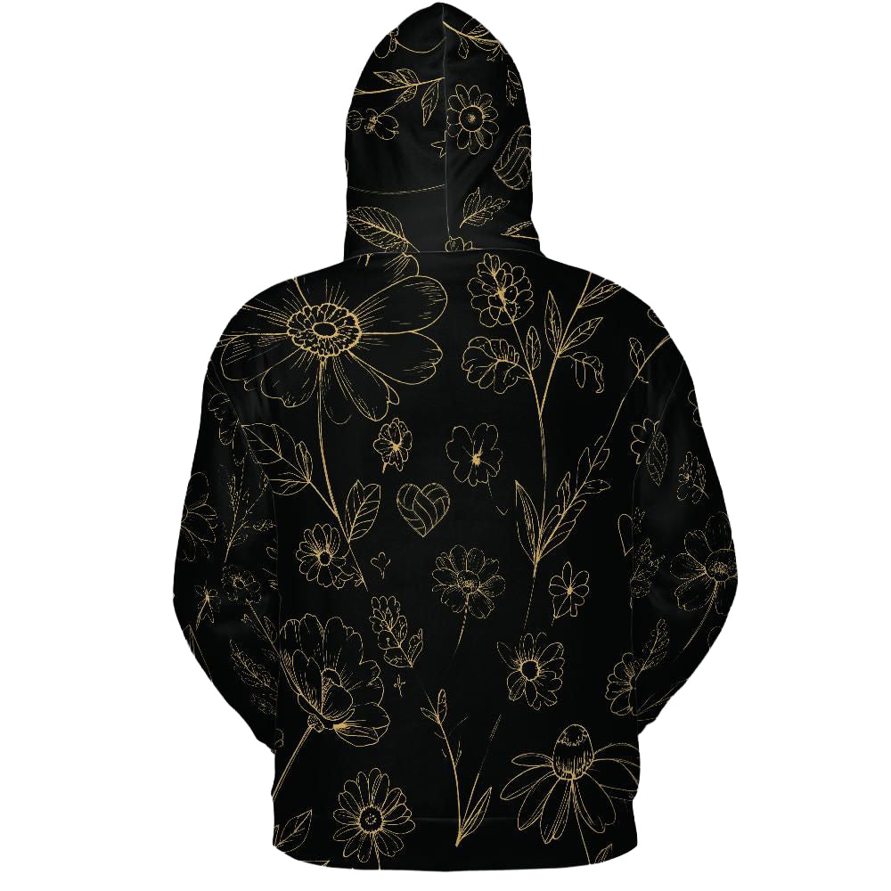 Volleyball Hoodie – Floral Art Print, Black & Gold | S–5XL