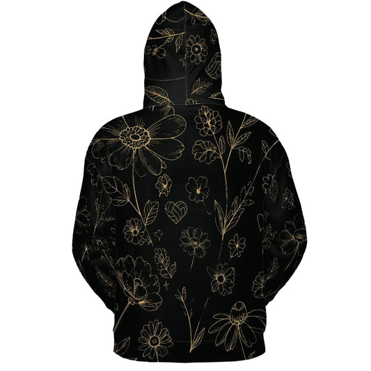 Volleyball Hoodie – Floral Art Print, Black & Gold | S–5XL