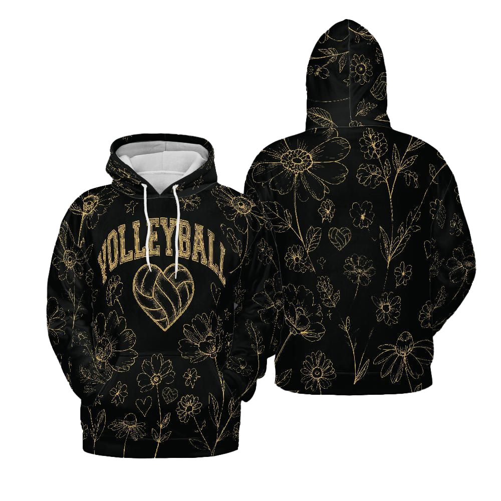Volleyball Hoodie – Floral Art Print, Black & Gold | S–5XL