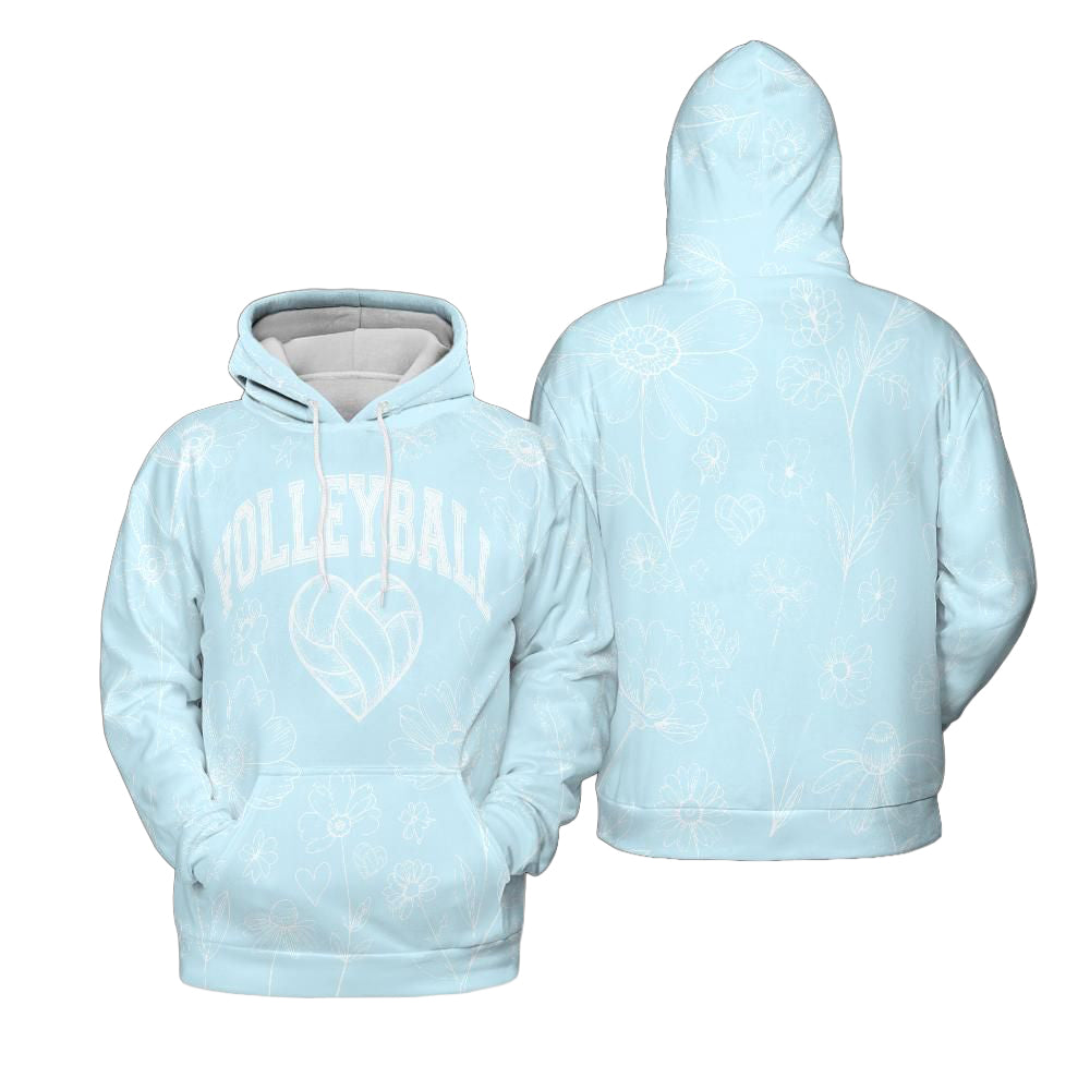 Volleyball Hoodie – Ice Blue Floral Art Print | S–5XL