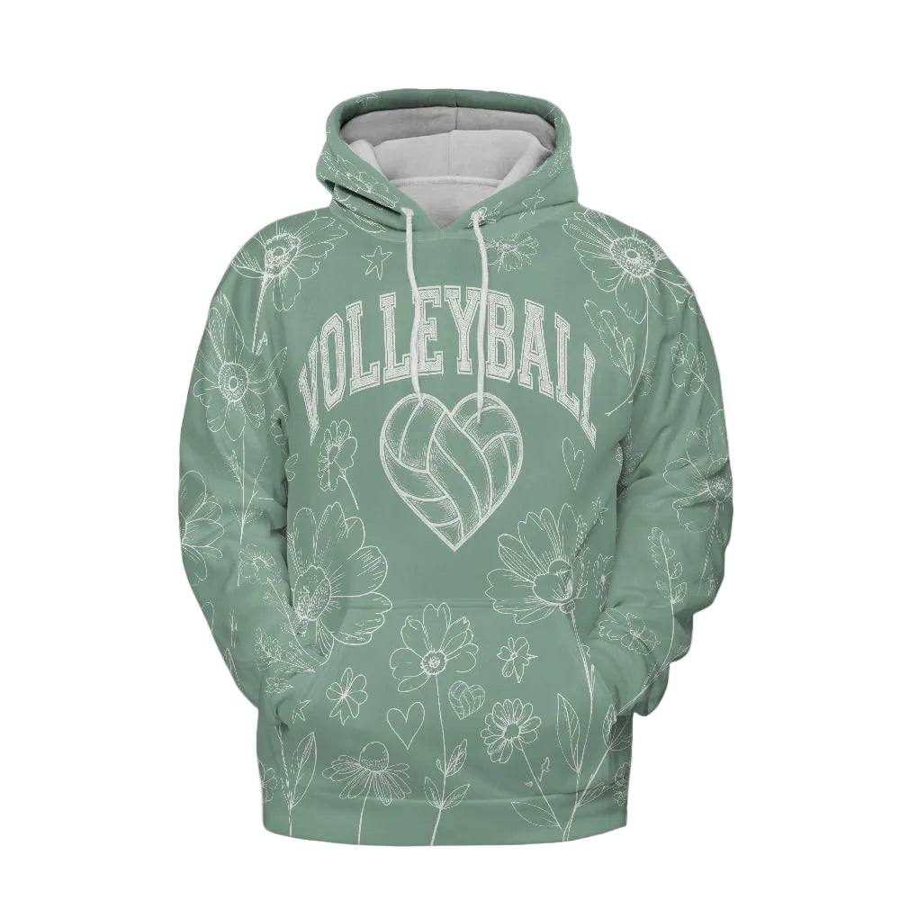 Volleyball Hoodie – Sage Green Floral Art Print | S–5XL