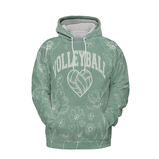 Volleyball Hoodie – Sage Green Floral Art Print | S–5XL